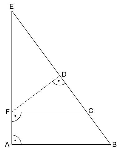 Geometrische Skizze mit den Punkten A bis F, einem schrägen Dreieck und gestrichelter Verbindung zu D.